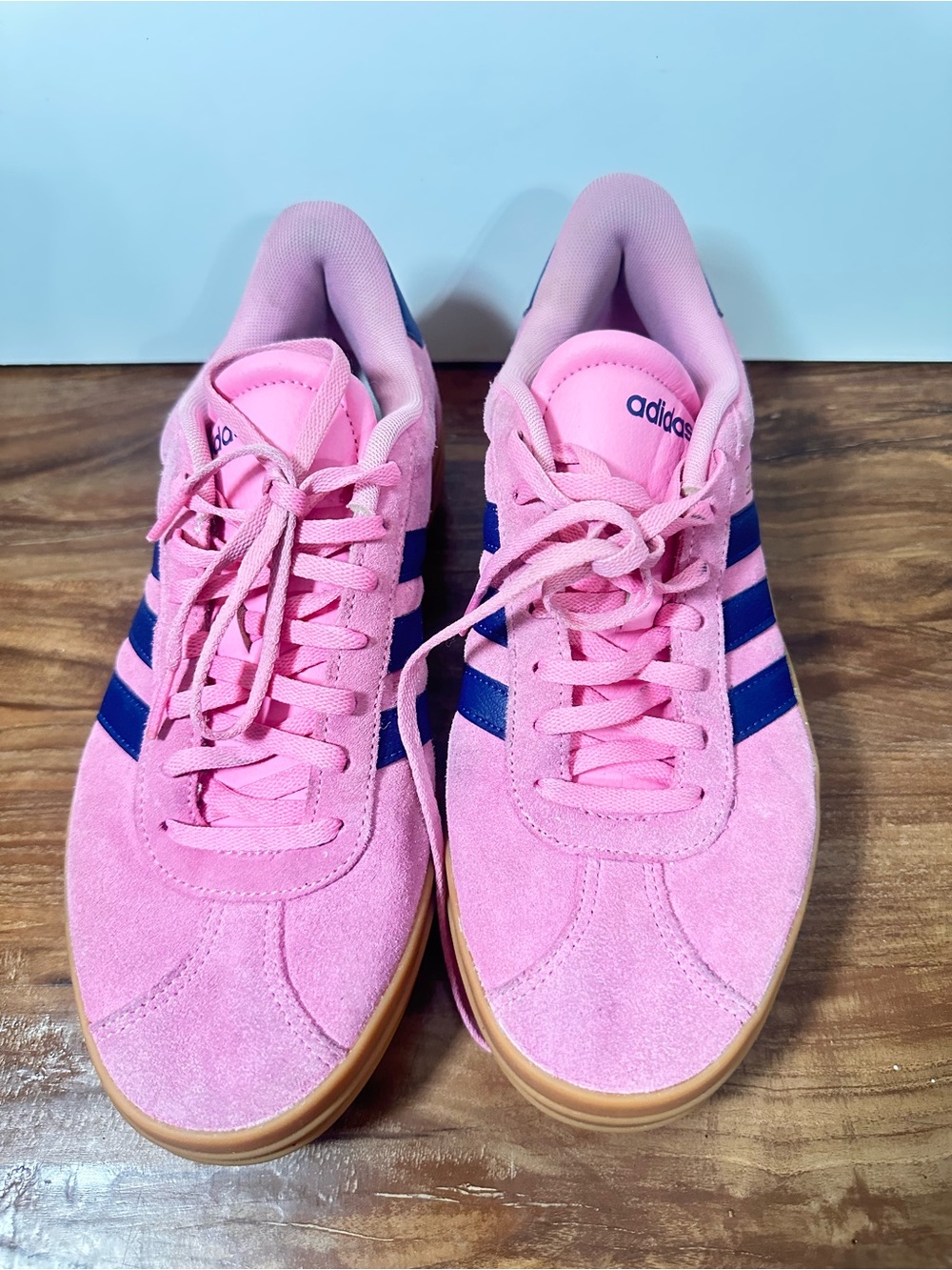 Adidas VL Court Bold Pink Suede Platform Sneakers Dark Blue Stripes Size 9